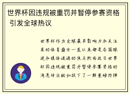 世界杯因违规被重罚并暂停参赛资格 引发全球热议
