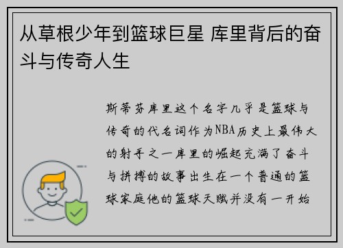 从草根少年到篮球巨星 库里背后的奋斗与传奇人生 从草根少年到篮球巨星 库里背后的奋斗与传奇人生